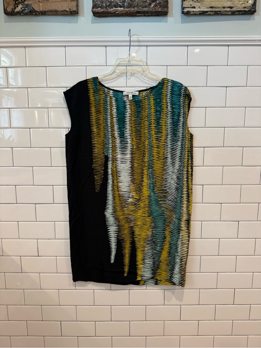 Beth Bowley Sleeveless Shift Dress in Black, Teal & Mustard